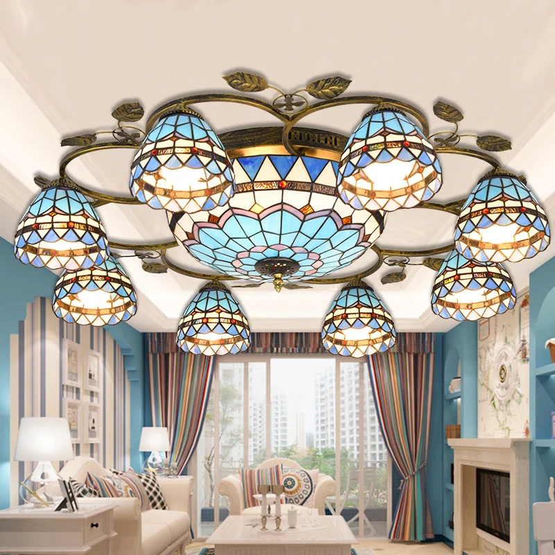 Подвесной светильник из закаленного стекла Тиффани-барокко в средиземноморском