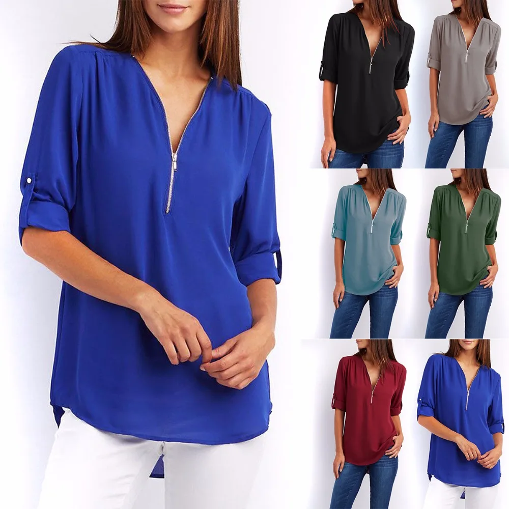 Новая женская однотонная шифоновая футболка на молнии с v-образным вырезом