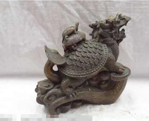 YM 316 8&quot Chinese Bronze Animals FengShui Dragon Turtle Statue On YuanBao Coin RuYi | Дом и сад