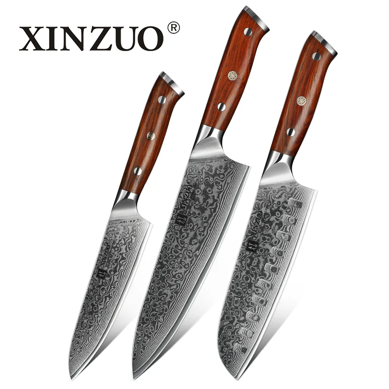 XINZUO 3 шт. набор кухонных ножей из дамасской нержавеющей стали кухонные ножи Gyuto Chef универсальный нож кухонный инструмент с ручкой из палисандра