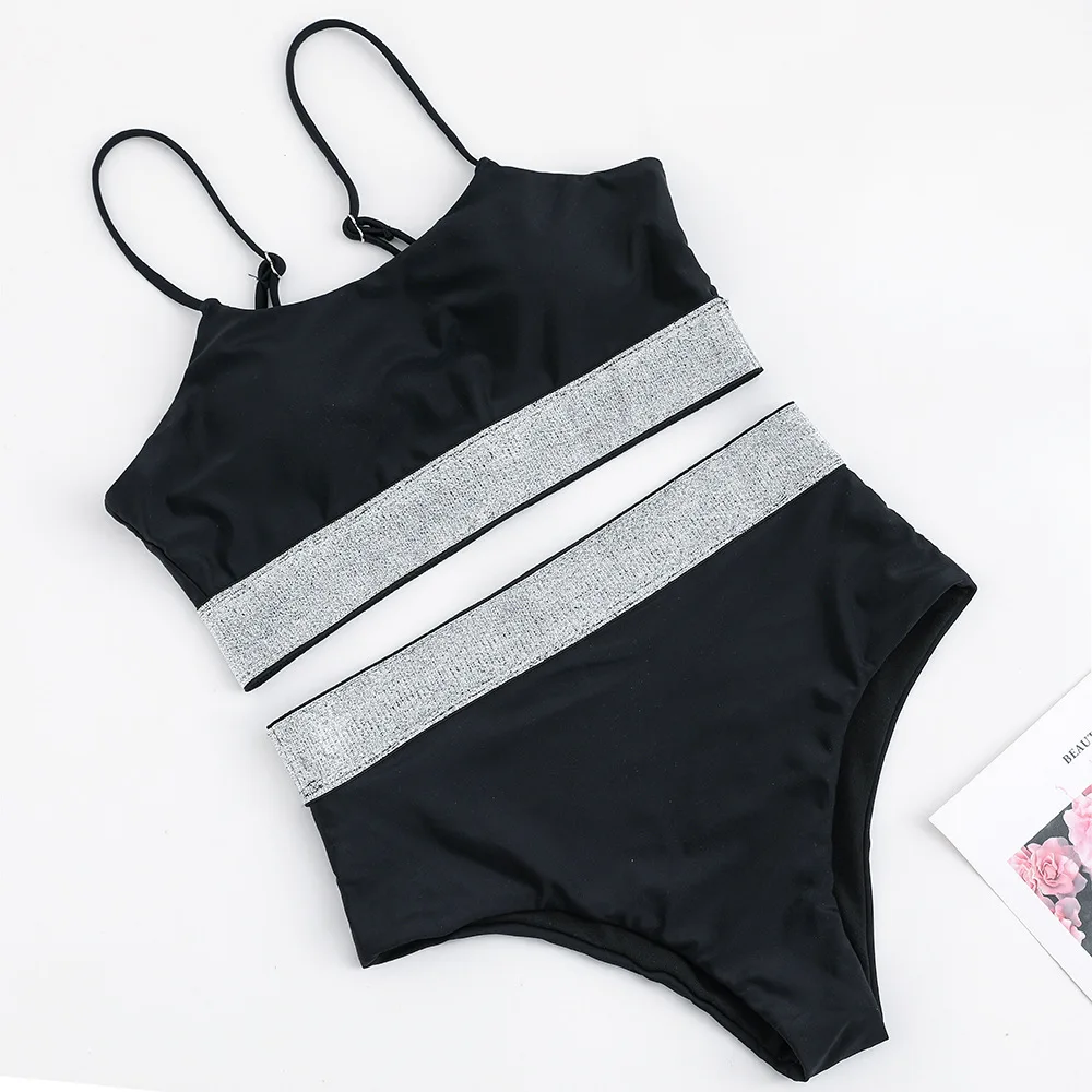 Сексуальный женский раздельный купальник с блестками и серебряной лентой бикини