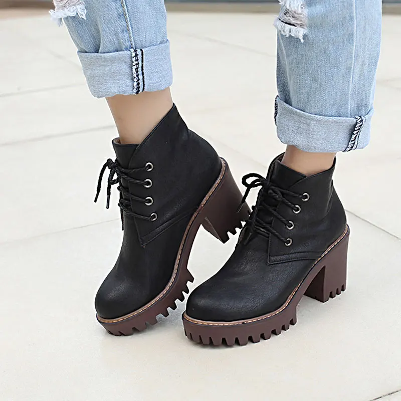 Female Classic High Fashion Round Toe Thick Heels Lace-up Knight Ankle Boots Lady Black Grey Simple Vogue Martin Shoes ZX648 | Обувь