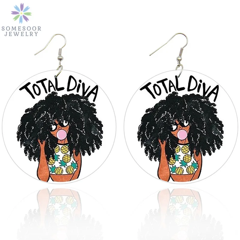 

SOMESOOR Total Diva Afro Girl Wooden Drop Earrings African Natural Hair Printed Hiphop Wood Dangle Jewelry For Women Gifts 1Pair