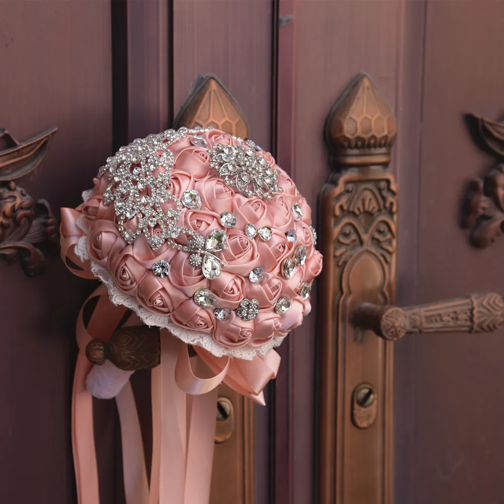 Wedding Bouquet Blush Bride Holding Flowers Artificial Bouquet Ribbon Rhinestone Pearl Bouquet Decoration Bride Groom Dance