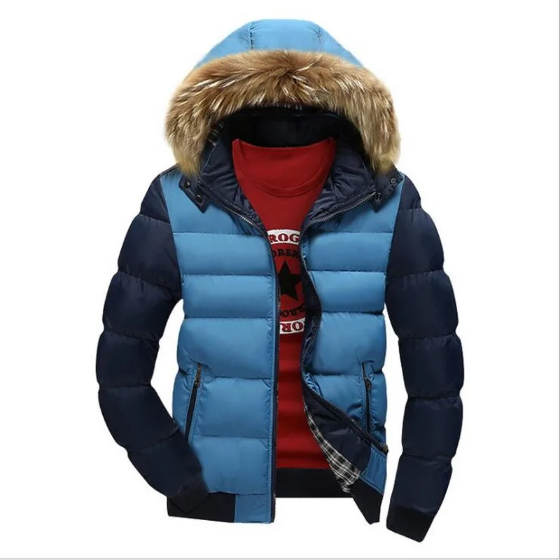Parkas Winter Mens Jacket With Fur Collar Patchwork Padded Hooded Parkas Coat Men Jackets FIT -30 'C Outwear Asia Size M-4XL