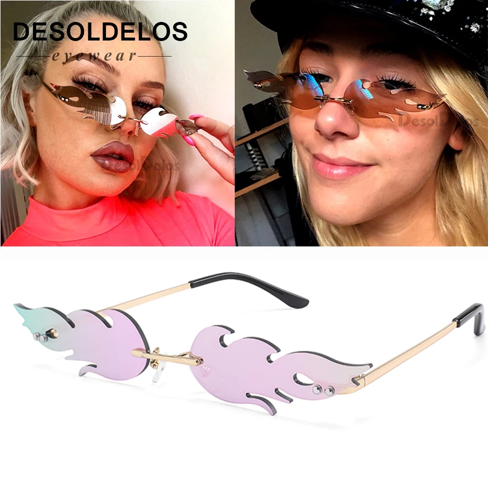 

New 2019 Fashion Fire Flame Sunglasses Women Men Rimless Wave Sun Glasses Eyewear Luxury Trending Narrow Sunglasses Streetwear