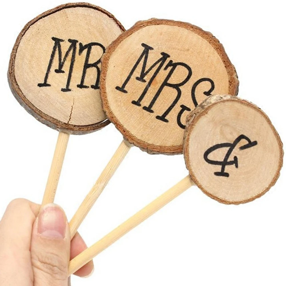 3Pcs/Set Wooden Cake Toppers Round Mr &amp Mrs Shabby Chic Rustic Wedding Topper Pick Decoration Colorful | Дом и сад