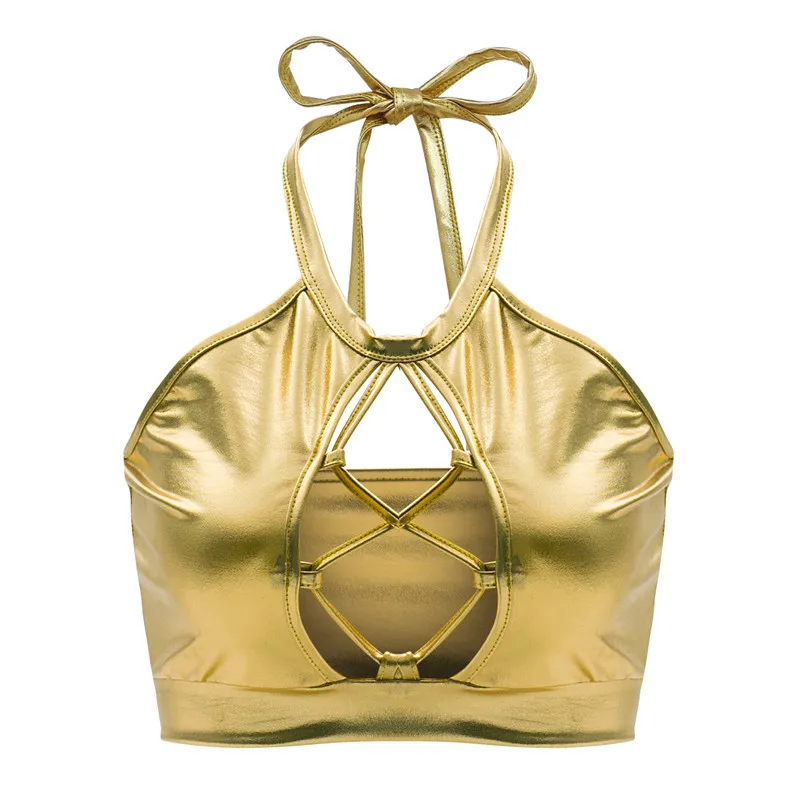 Модный сексуальный голографический бандажный Топ однотонный металлический кроп