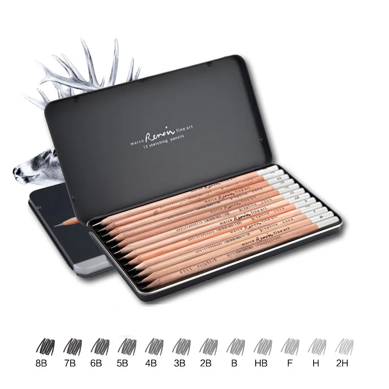

12pcs Marco Raffine Standard Pencils Sketching Pencil Tin Box Graphite Core Wooden Pencil Art Set Student Artist