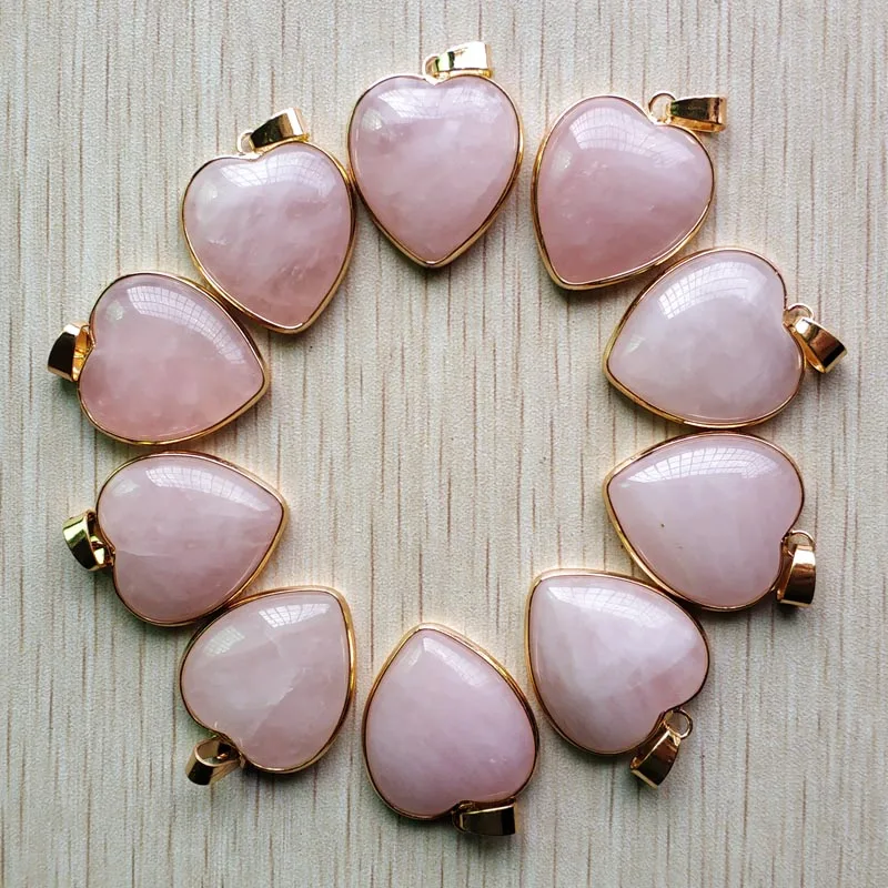Colgantes con forma de corazón para fabricación de joyas, piedra de cuarzo rosa Natural de buena calidad, 25mm, venta al por mayor, 10 unids/lote