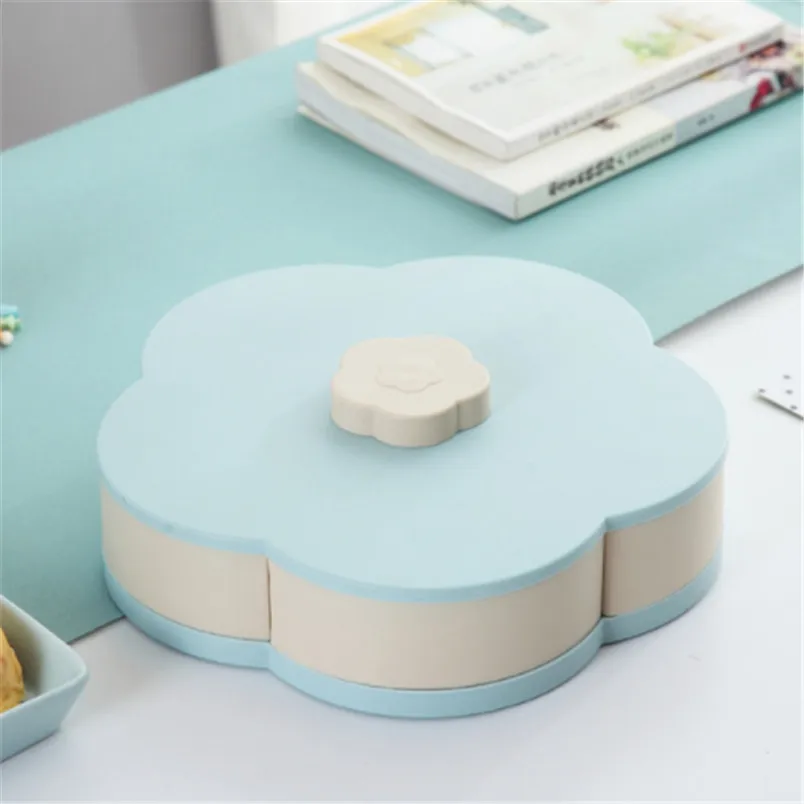 single layer Blue Лепестковая вращающаяся коробка для закусок, поднос для конфет, коробка для хранения еды, Свадебная коробка для конфет, тарелки, двухслойный сушеный органайзер для фруктов, для хранения - Цвет: single layer Blue