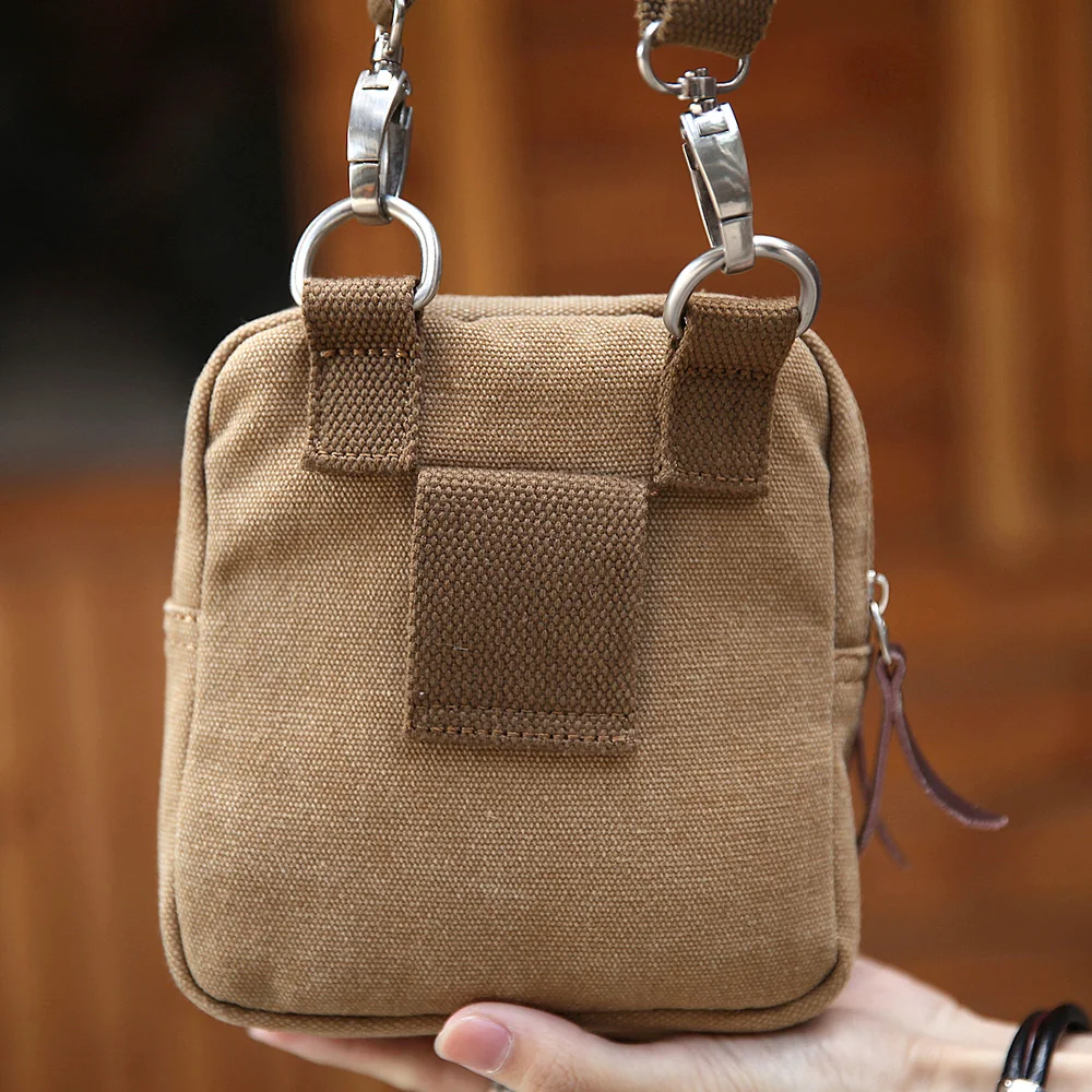 Мужская однотонная холщовая сумка мессенджер с маленьким карманом|Поясные