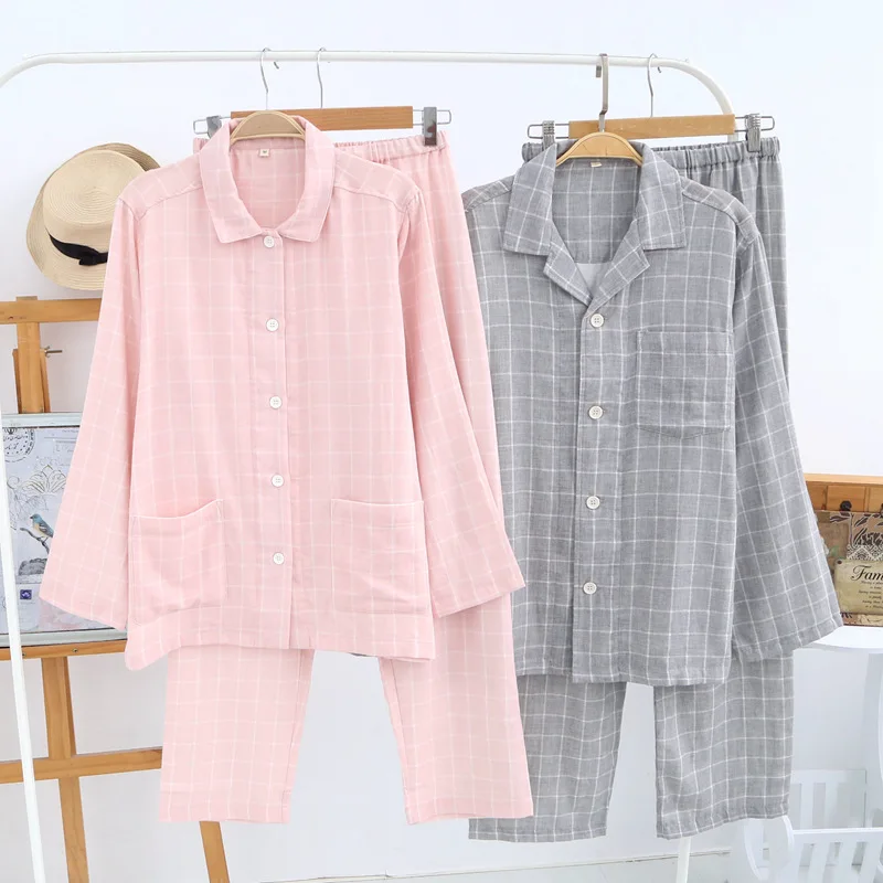 Пара пижамных комплектов весенне-осенняя клетчатая Пижама тонкая газовая