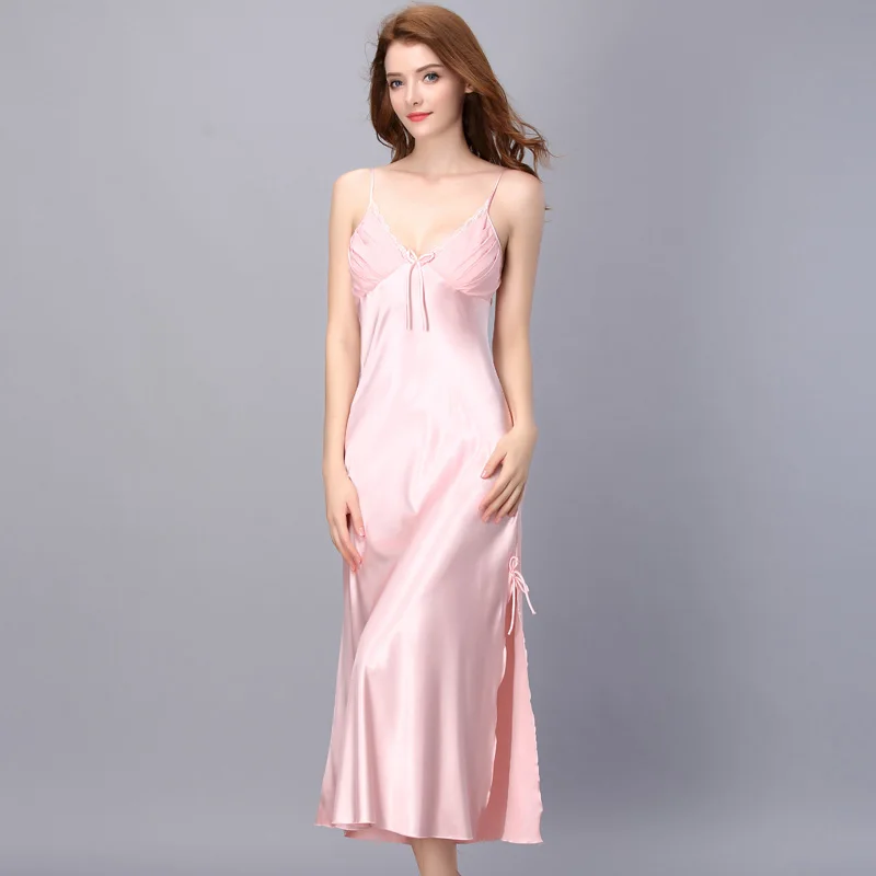Pink 1947 летняя сексуальная ночная рубашка, Женская Длинная атласная ночная рубашка, кружевное лоскутное платье с регулируемыми бретельками, сексуальное платье для сна, домашняя одежда - Цвет: Pink