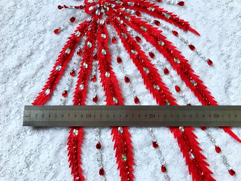 Handmade rhinestones lace applique red/clear AB colour crystal patches trim 57*32cm for DIY dress clothes accessory | Дом и сад