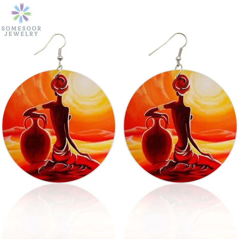 SOMESOOR двусторонняя роспись Африканские Этнические деревянные висячие серьги