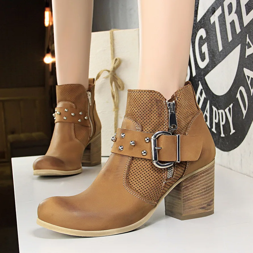 BIGTREE Winter Women Ankle Boots Woman Round Toe Square heel Shoes Female Buckle Rome Metal Rivet Knight Motorcycle Short | Обувь