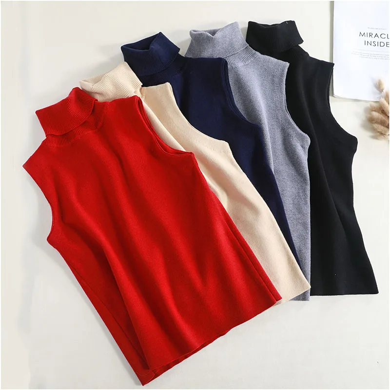 

Women's knitted sweater vest women's high neck knitted jacket thick spring and autumn high neck sleeveless sweater Pullover vest