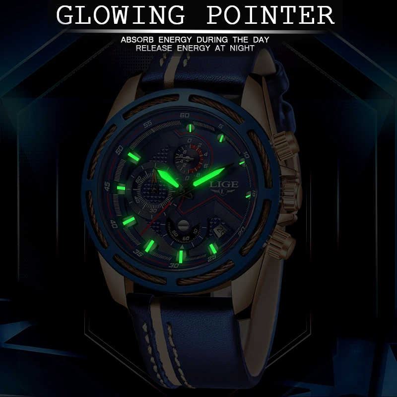 Часы наручные LIGE мужские с кожаным ремешком роскошные брендовые аналоговые