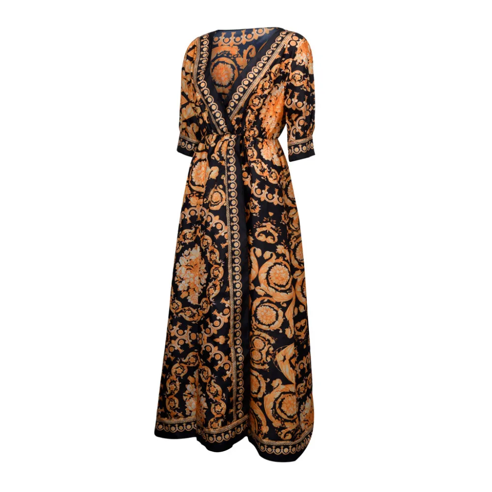 Женское длинное платье с цветочным принтом Boho в пол коротким рукавом и прямым