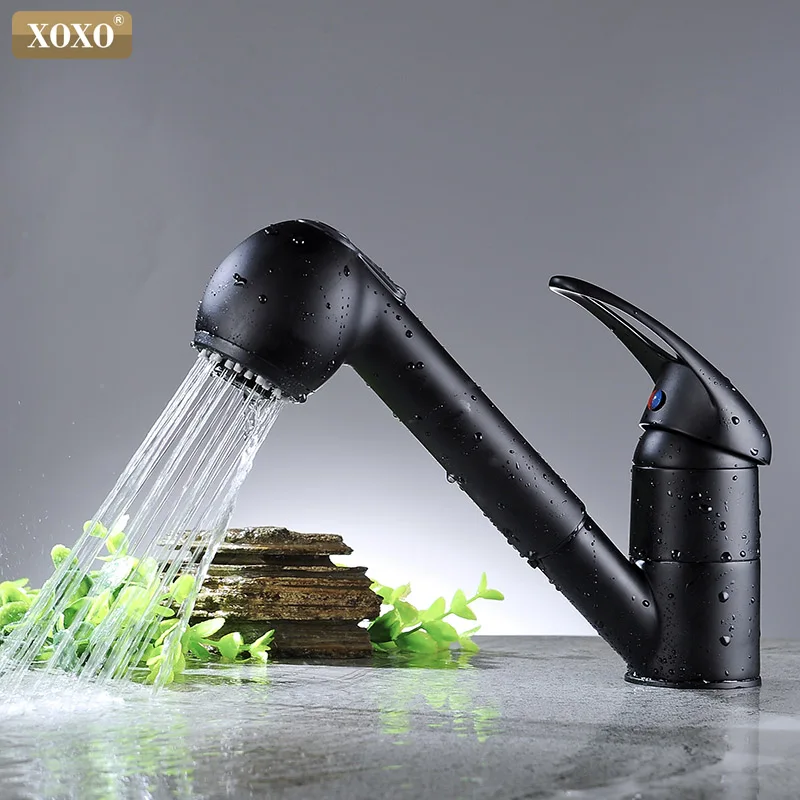 

XOXO brass kitchen faucet 360 degrees pull out spray mixer tap crane polished black of water saving torneira cozinha 3304H