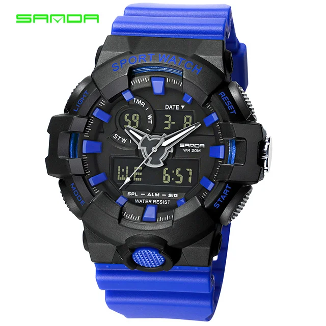 Black Blue Новые Брендовые спортивные мужские часы SANDA, военные светодиодный аналоговые цифровые часы, мужские водонепроницаемые Модные Электронные наручные часы 770 - Цвет: Black Blue