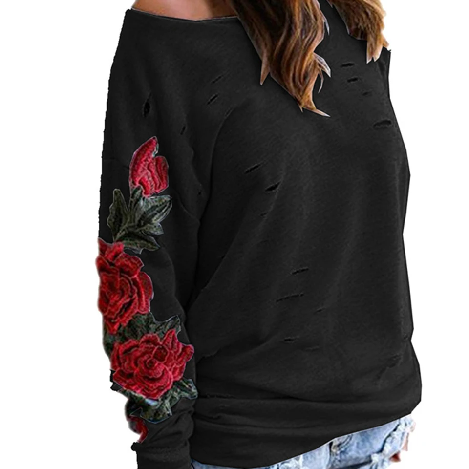 

Vintage Floral Rose Embroidered Hoodie Poleron Mujer 2021 5xl Plus Size Women One Shoulder Sweatshirt Ripped Hoodie Pullover