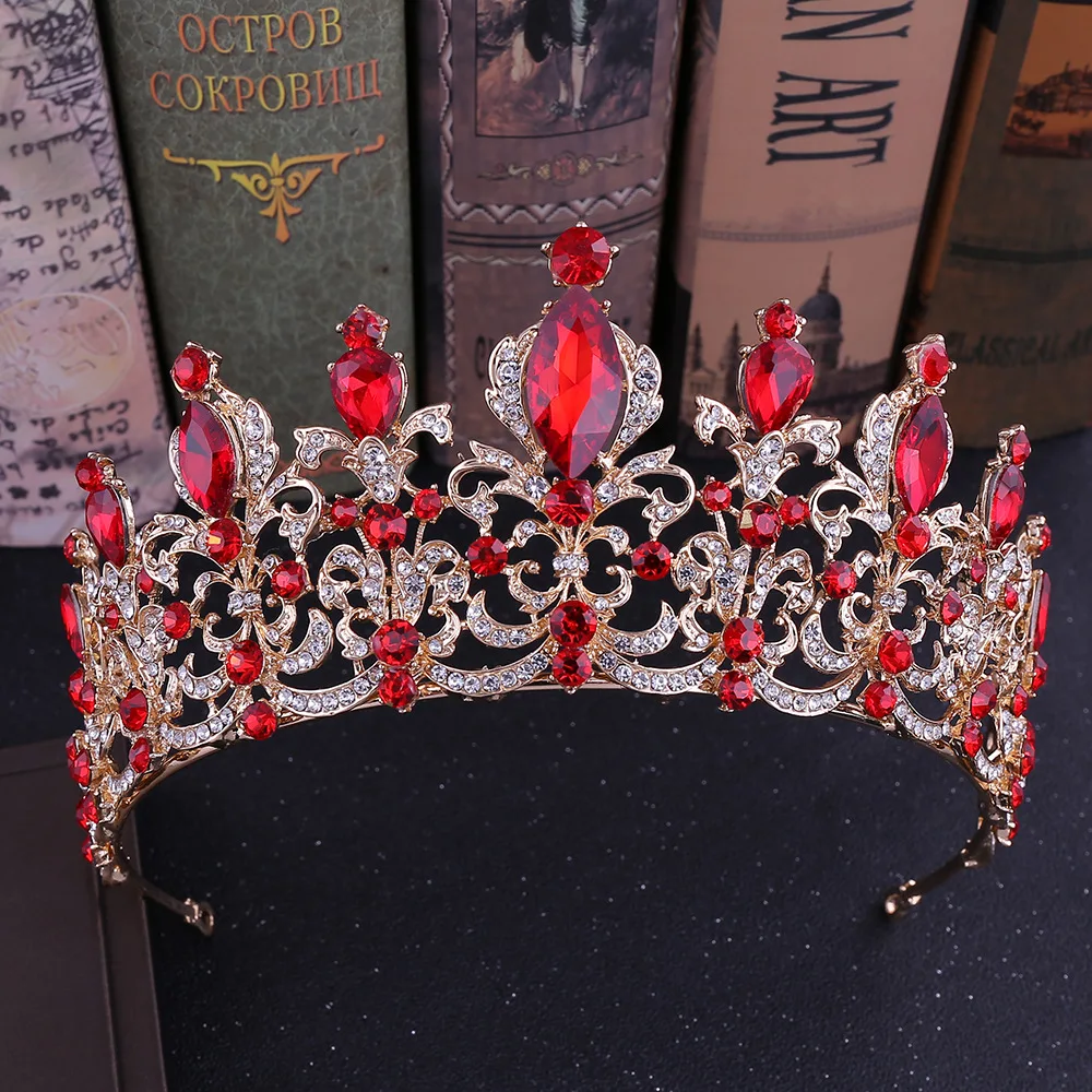 KMVEXO Red Black Crystal Wedding Bridal Tiara for Wedding Bride Gold Color Rhinestone Crowns Headband Jewelry Hair Accessories