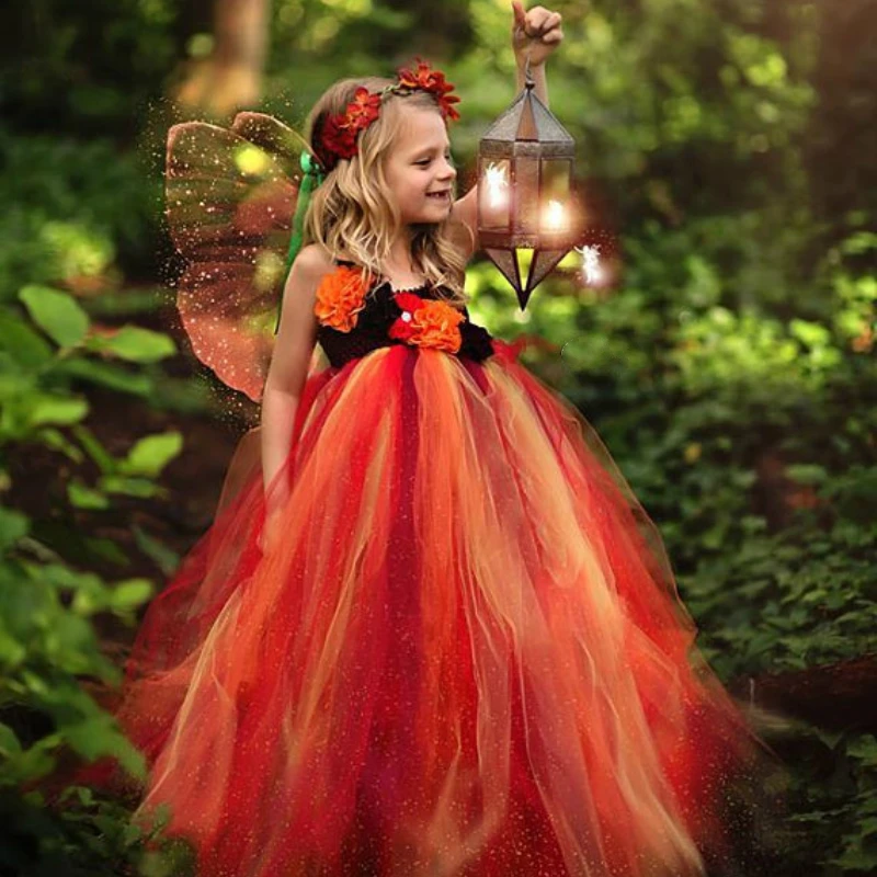 Детское осеннее платье феи оранжевого и черного цвета с цветочным узором для