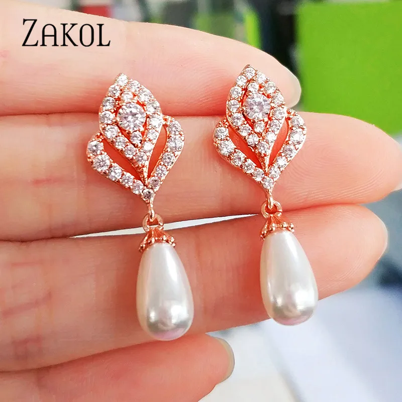 ZAKOL Новые Модные Элегантные серьги-капли с кубическим цирконием и цветами для женщин, свадебные ювелирные изделия с искусственным жемчугом FSEP2271