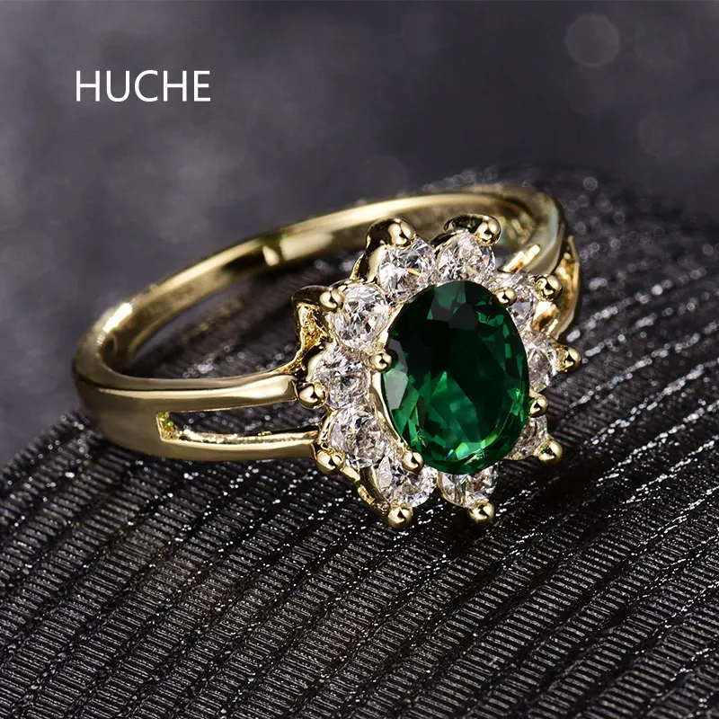 Huche роскошные золотые Цвет кольца для свадьбы зеленый цветок CZ Циркон палец