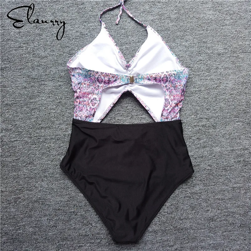 One Pieces Swimsuit Women 20178 Patchwork Swimwear Female Padded Bathing Suit Halter Bandage Swimming Sexy Ladies Beachwear | Спорт и