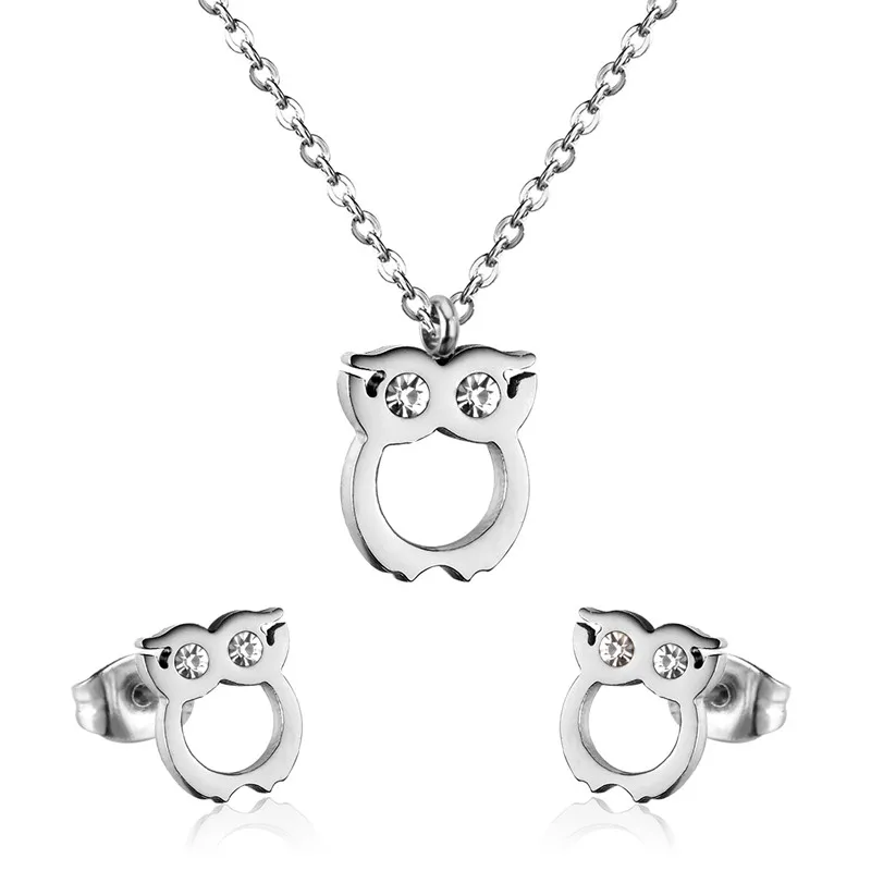 silver LUXUSTEEL элегантные ювелирные изделия наборы белый/черный кубический цирконий сова кулон ожерелье серьги женский Bijoux праздничная одежда оптом подарок - Окраска металла: silver