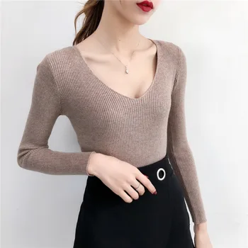 Pull Femme Sexy Deep V Neck Women Sweaters And Pullovers 2018 Winter Pink Gray Knitted Warm Jumper Slim Stretch Sweater Female 1