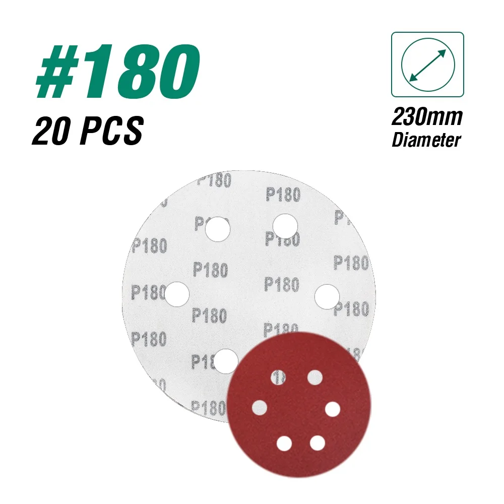 180grit 230mm 20pcs LANNERET 180 мм/225 мм Шлифовальные Диски наждачная бумага Ассорти отверстия 100/120/150/180/240/320 Грит для Электрический сухой настенный шлифовальный станок полировщик - Цвет: 180grit 230mm 20pcs