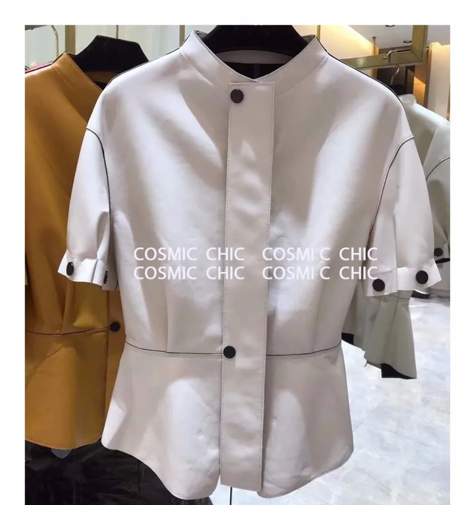 Cosmicchic Женская куртка из натуральной овчины со стоячим воротником с длинным рукавом, высокое качество, подиумная Элегантная куртка из овчины