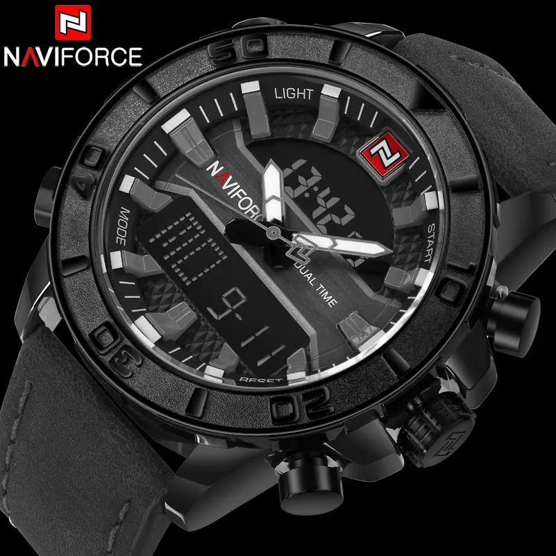 NAVIFORCE бренд часы для мужчин спортивные цифровые Человек Кожаный ремешок