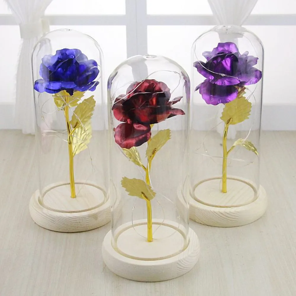 Позолоченные Красные розы со светодиодной гирляндой Красавица и чудовище в