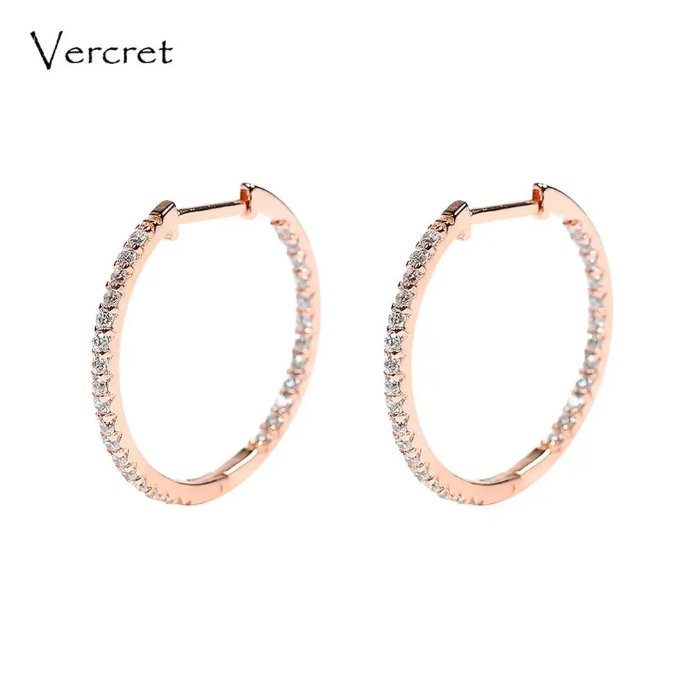 Серьги-кольца из серебра Vercret пробы с фианитами, серьги-кольца из розового золота для женщин, подарок - Цвет камня: gold earring
