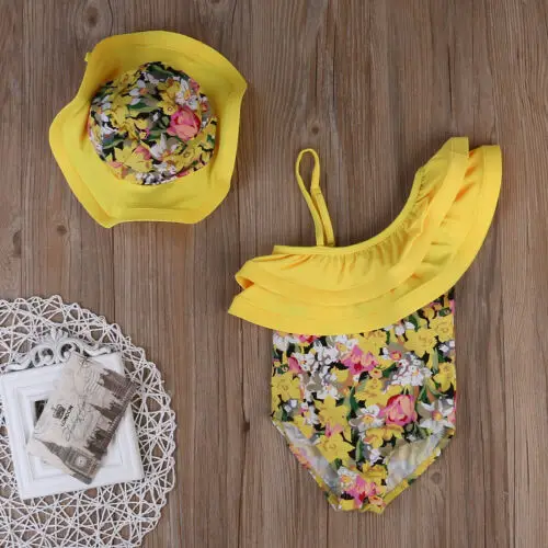 От 1 до 6 лет детское бикини с цветочным рисунком для маленьких девочек и шапочка