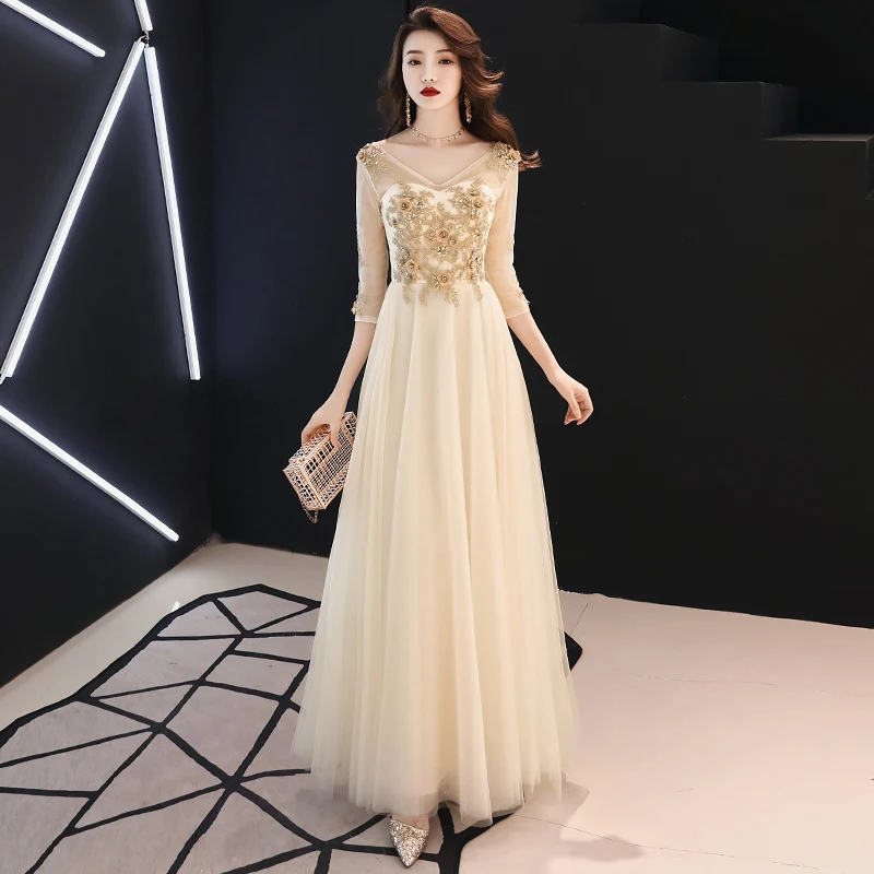 Золотое свадебное платье невесты женское с v образным вырезом тонкое модное