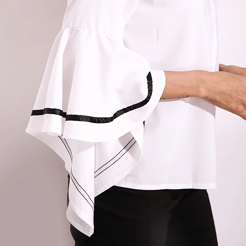 ZANZEA, женская рубашка, топы, Blusas, женская элегантная блузка с рукавами-колокольчиками, повседневная, для работы, белые рубашки, пэчворк, черная, в полоску, Blusa Feminina