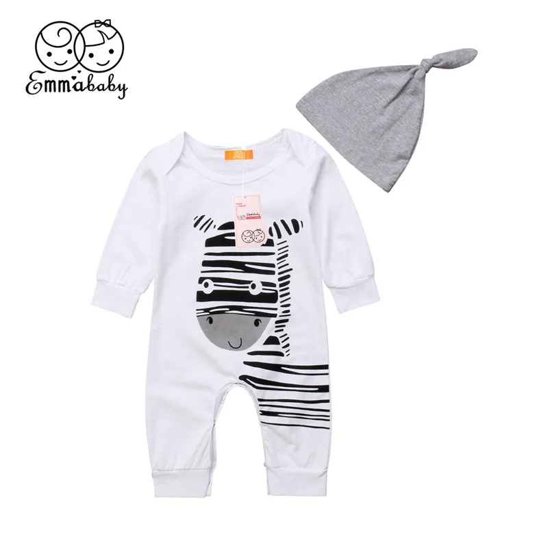 2Pcs Newborn Baby Boys Girls Zebra Print Romper Long Sleeve Autumn Jumpsuit Hats Boy Girl Cotton New Born Clothes | Детская одежда и