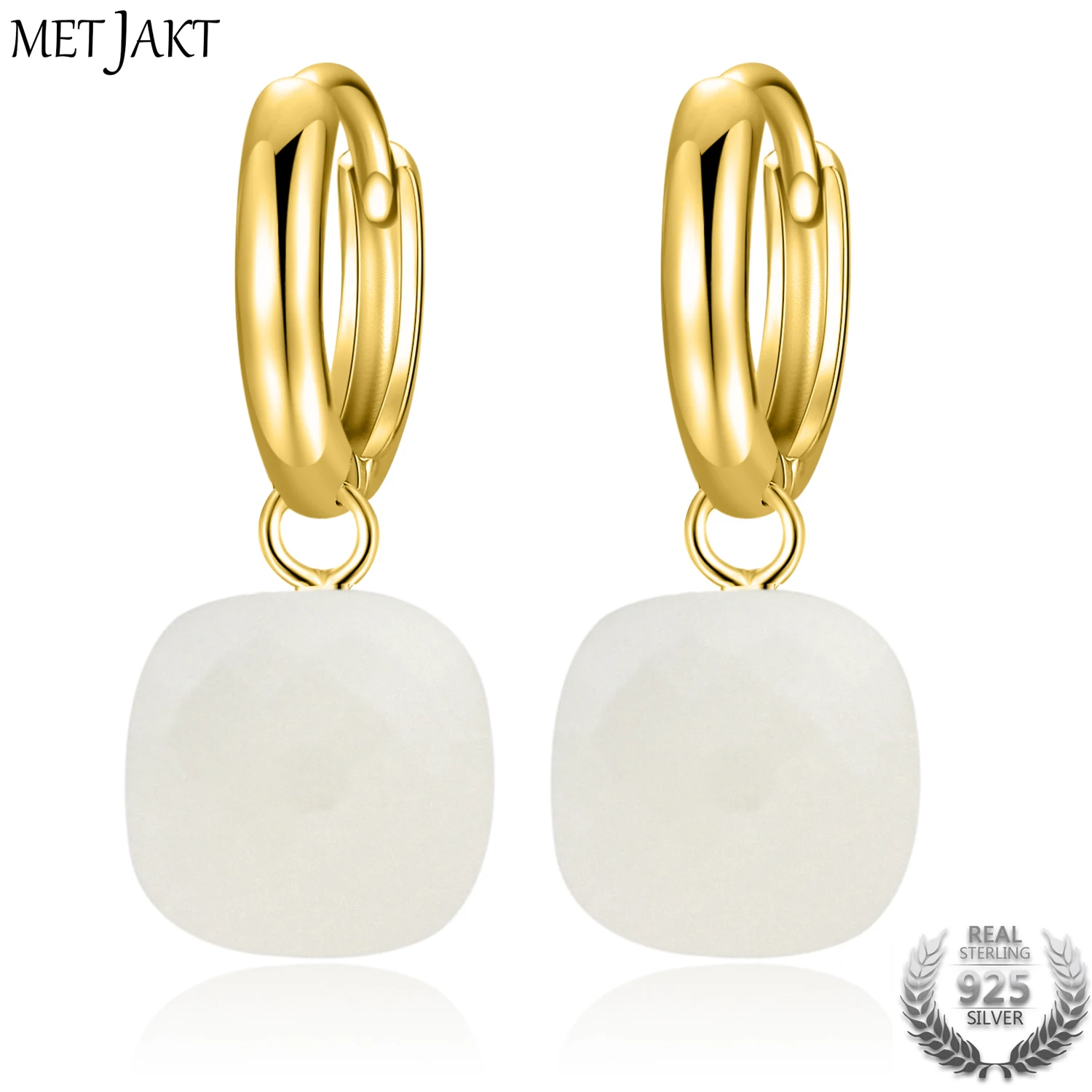 

MetJakt Classic Natural White Agate Earrings Solid Gold Color 925 Sterling Silver Elegant Earring for Lady Perfect Luxury Gift