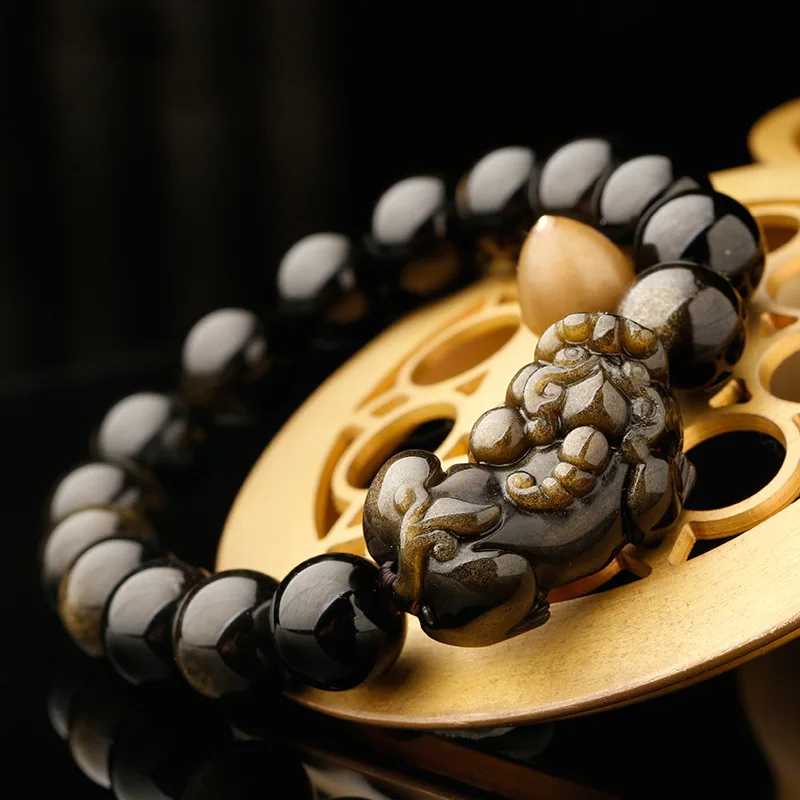 Натуральный золотистый обсидиан браслет с писю камень «тигровый глаз» буддистская молитва Храбрые войска камень браслет из бусин Браслеты Прямая поставка ювелирных изделий