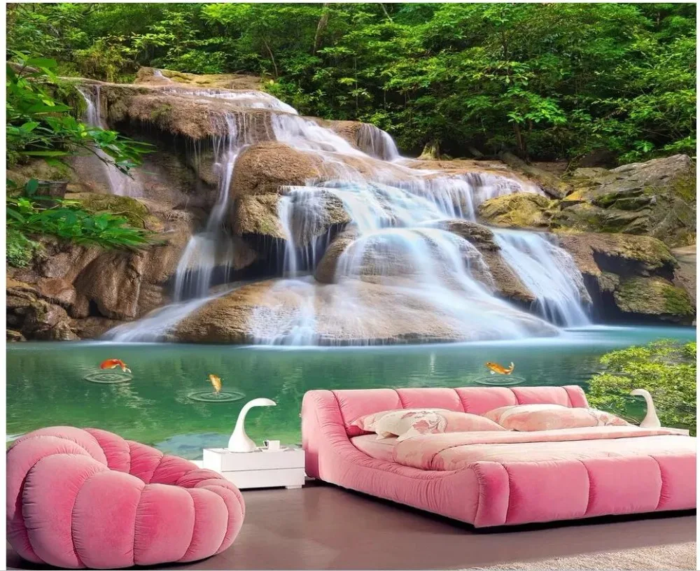Настенные 3D обои на стену HD фотообои с изображением лесного водопада пейзажа