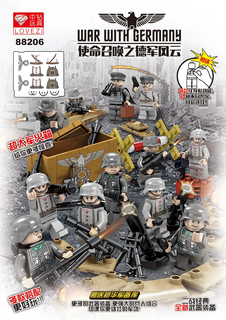 Newest DIY Stickers MOC 12pcs WW2 German Army Special Forces Military Building Blocks Bricks Set Mini Toy Figures with Weapons | Игрушки и