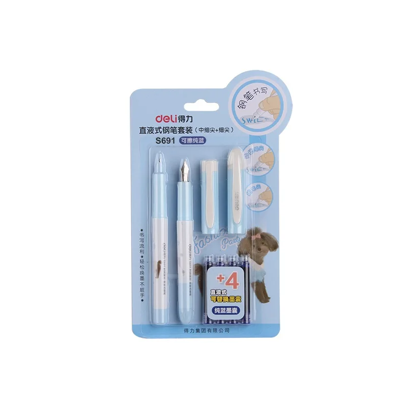 

Deli Calligraphy Fountain Pen 4pcs Erasable Blue Ink Sacs Two Size Pen Set School Office Supply Writing Stationery Student Gift