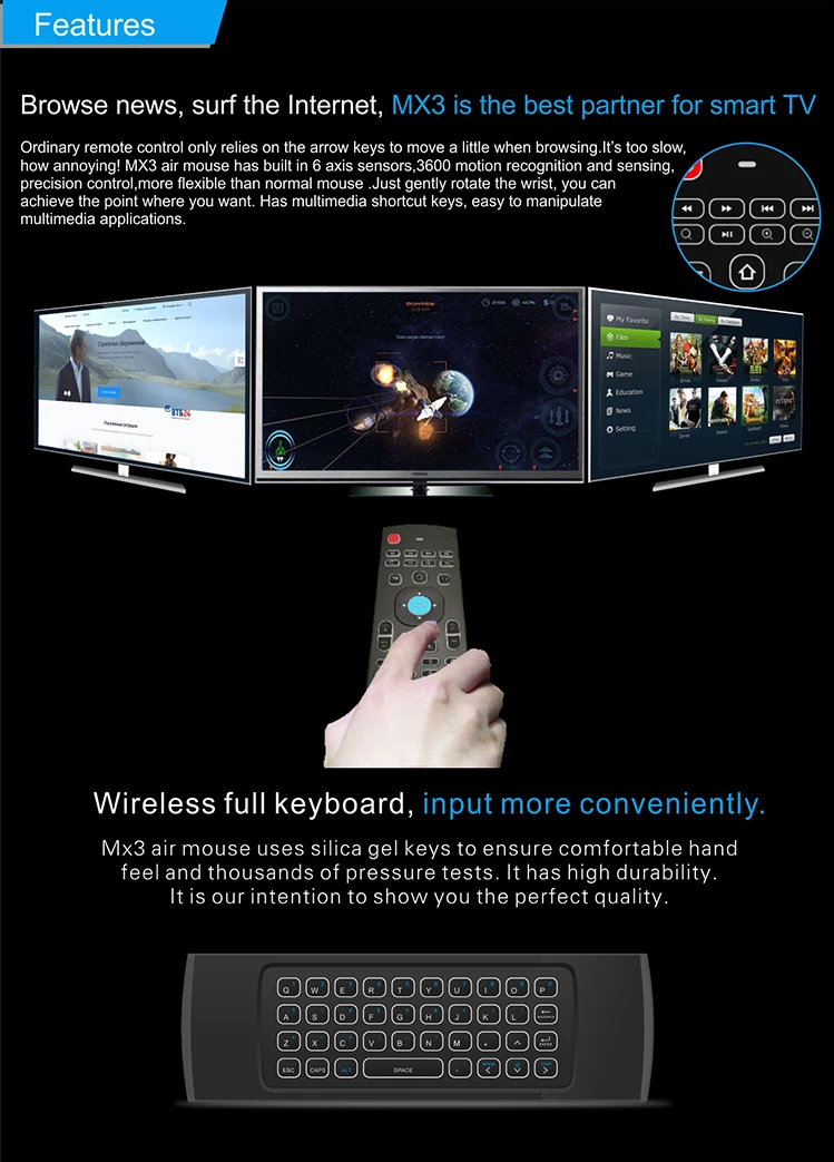 MX3 2,4G Беспроводная клавиатура с подсветкой Air mouse 3 Axir гироскоп+ 3 акселератора Axir пульт дистанционного управления для ТВ-бокса компьютера Smart tv