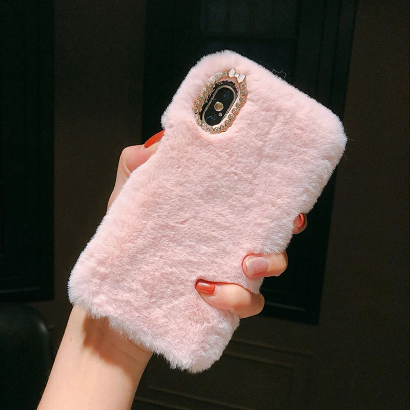 Чехлы для iPhone 11 Pro Max X Xs Xr чехол с пушистым кроличьим мехом и блестящими